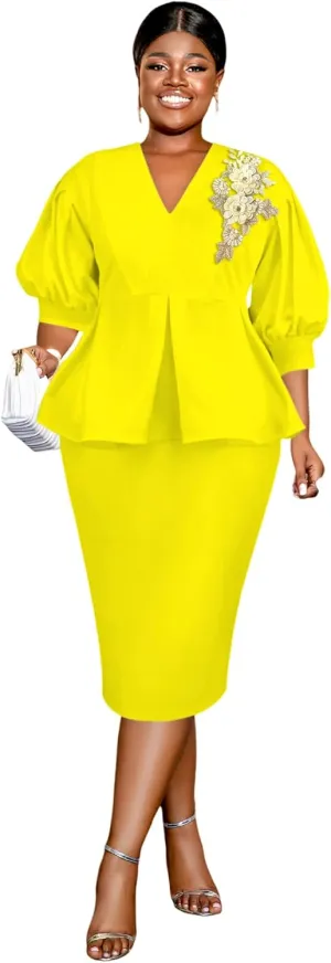 AOMEI Business Suit Sets for Women's 2 Piece Outfits V Neck Peplum Tops Floral Applique Formal Pencil Midi Skirt Suit