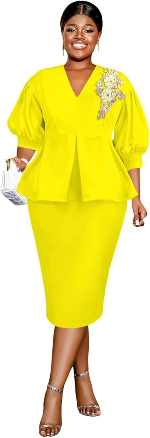 AOMEI Business Suit Sets for Women's 2 Piece Outfits V Neck Peplum Tops Floral Applique Formal Pencil Midi Skirt Suit