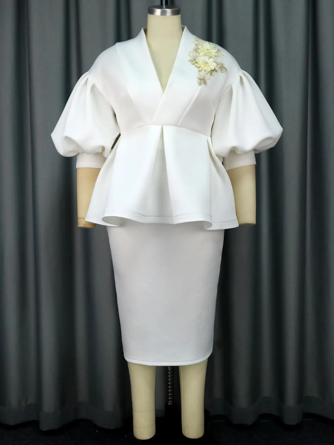 AOMEI Business Suit Sets for Women's 2 Piece Outfits V Neck Peplum Tops Floral Applique Formal Pencil Midi Skirt Suit