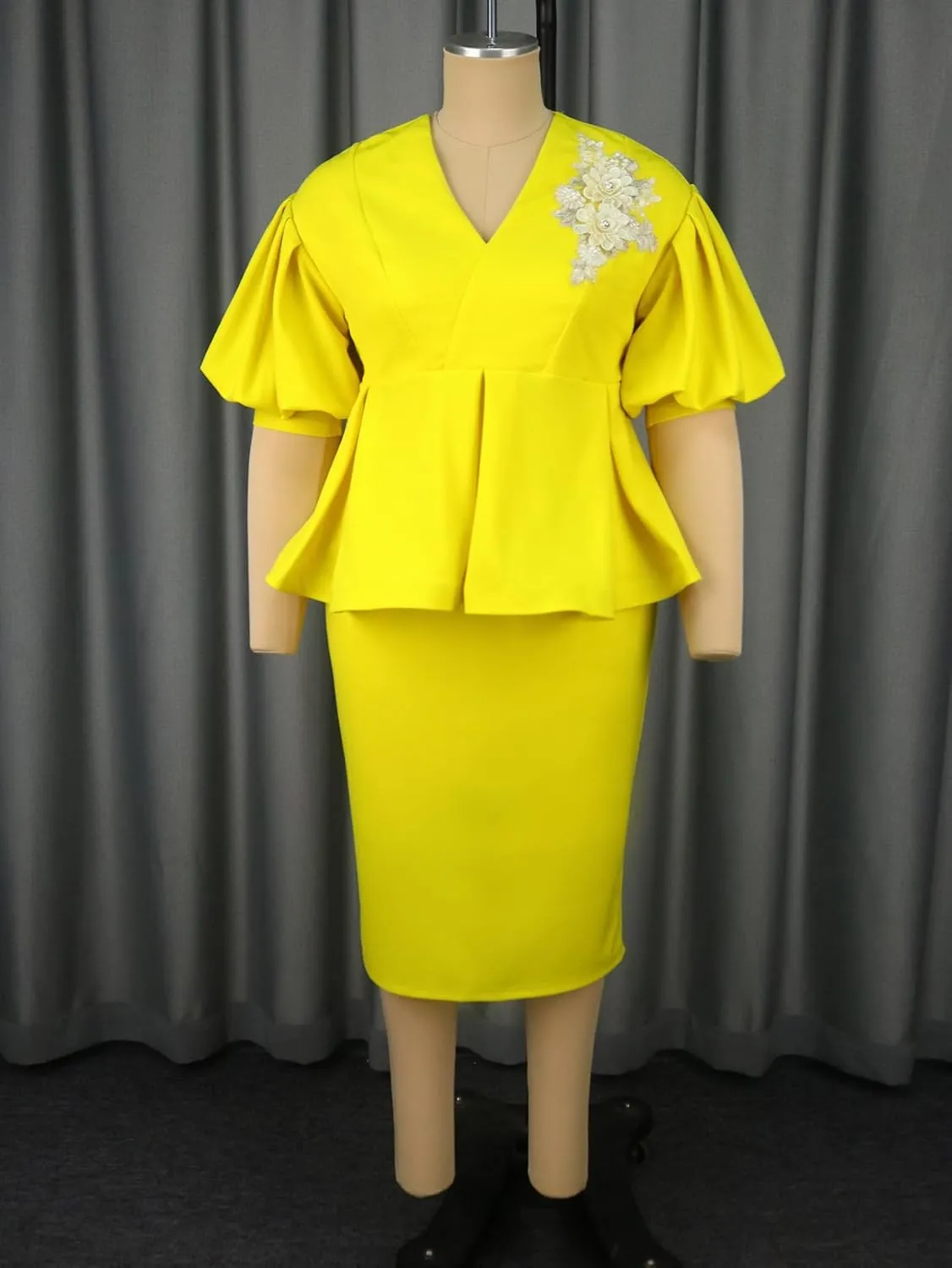 AOMEI Business Suit Sets for Women's 2 Piece Outfits V Neck Peplum Tops Floral Applique Formal Pencil Midi Skirt Suit