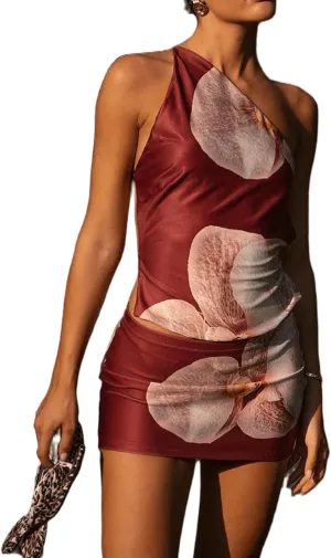 Argeousgor Women Floral Two Piece Mini Skirt Set Y2k Summer Mesh Printed Crop Camisole Tops Bodycon Skirts Suit
