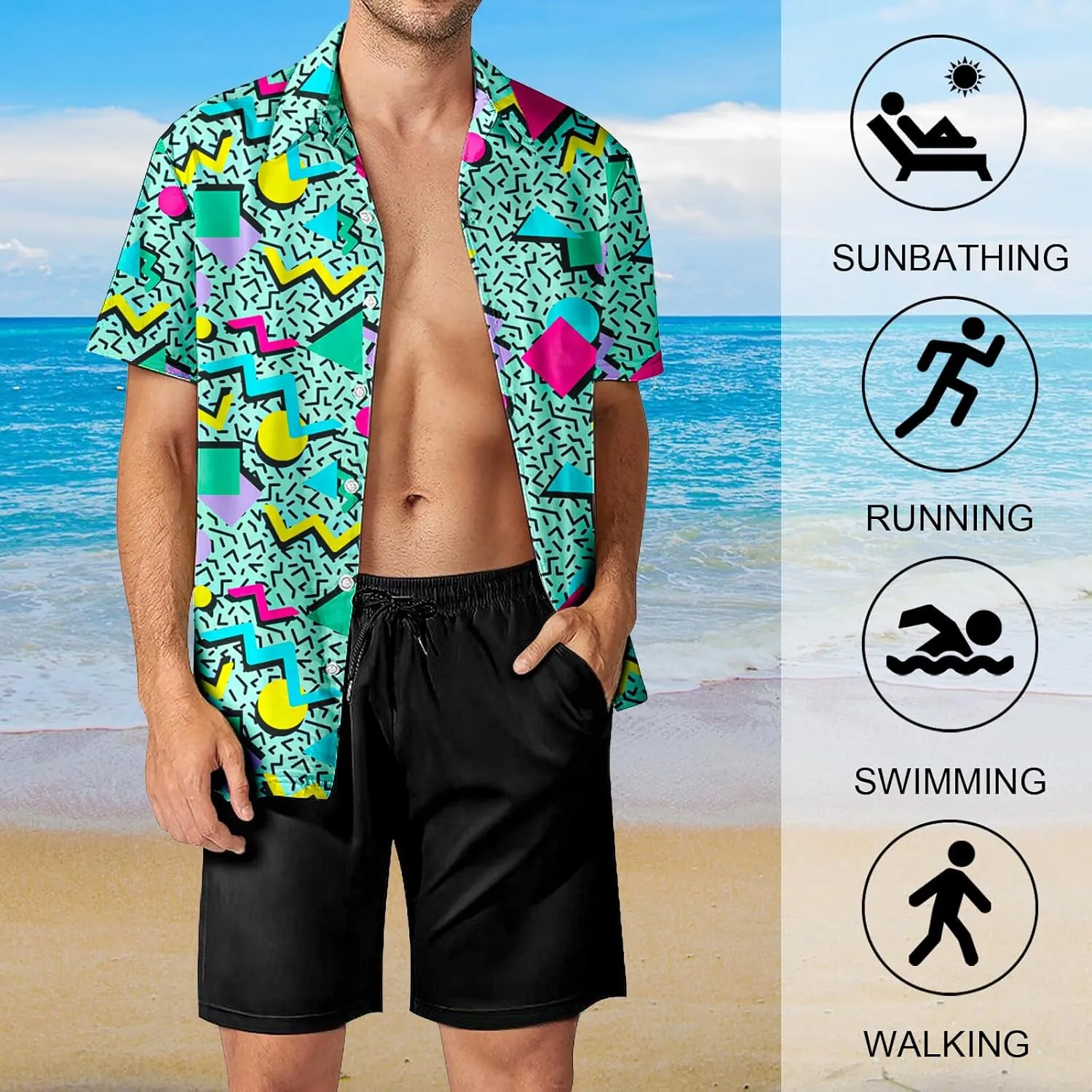 Artsadd 80s 90s Hawaiian Shirt for Men Vintage Button Down Short Sleeve Big and Tall Shirts Funny Party Disco Outfit