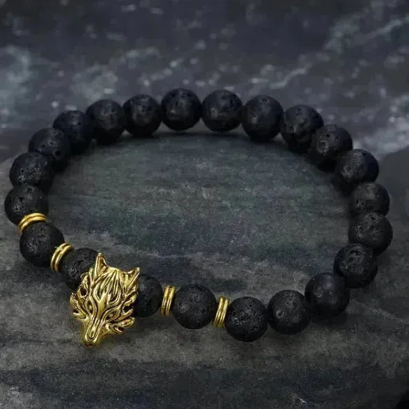 Asgard Crafted Grey Wolf Head And Lava Stone Bracelet