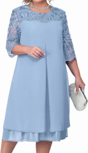 ASHER FASHION Women Plus Size Cocktail Dress Splicing Floral Mesh Sleeve Crewneck Tiered Party Wedding Guest Midi Dresses