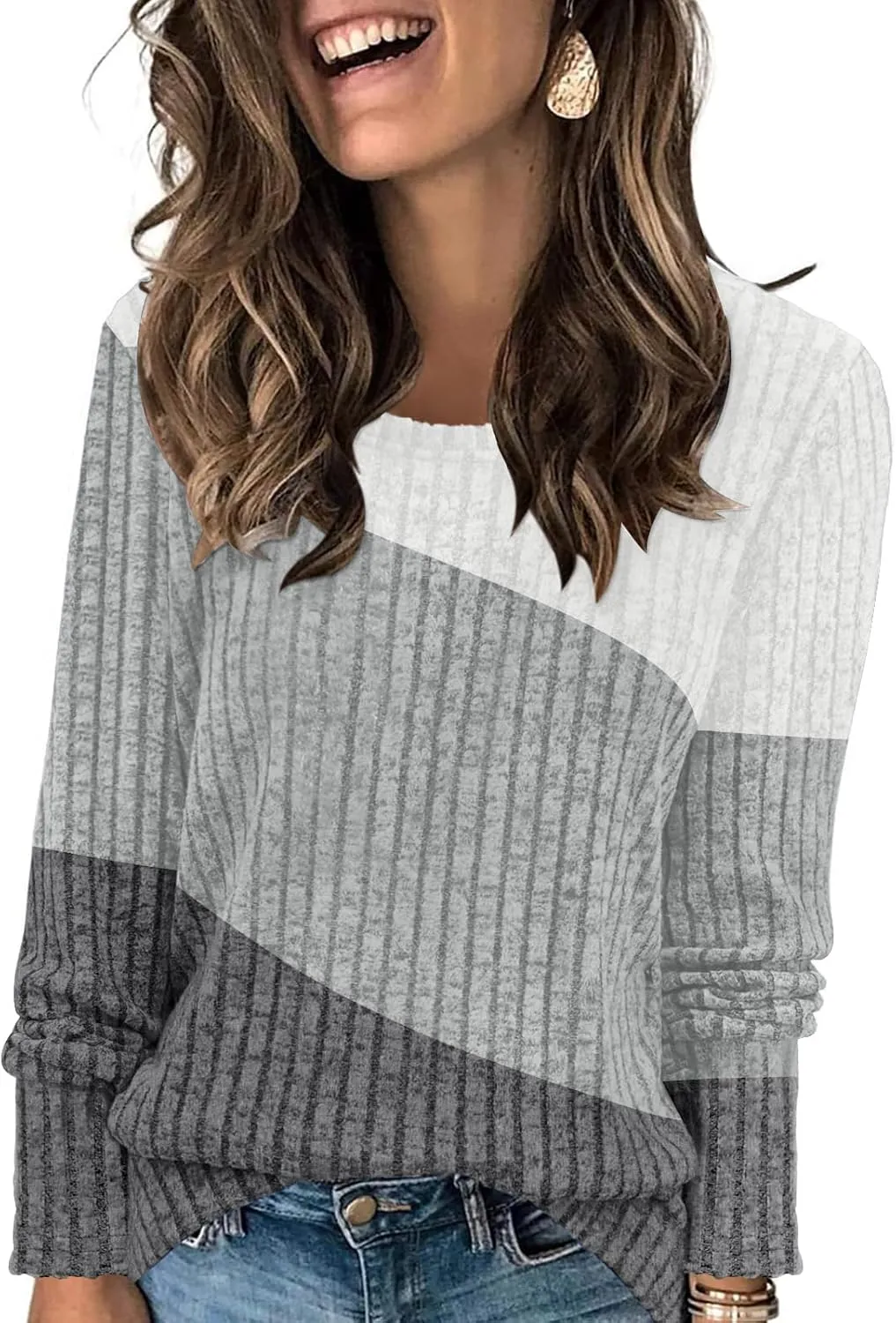 AYIFU Womens Color Block Tops Lightweight Sweaters Casual Long Sleeve Tunic Tops Trendy Crewneck Pullover Shirts