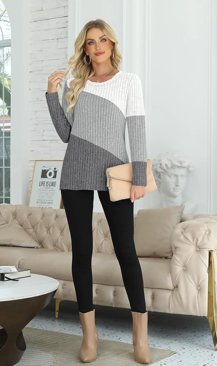 AYIFU Womens Color Block Tops Lightweight Sweaters Casual Long Sleeve Tunic Tops Trendy Crewneck Pullover Shirts