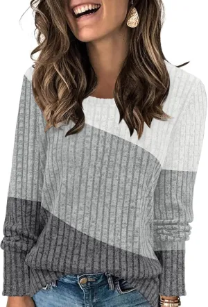 AYIFU Womens Color Block Tops Lightweight Sweaters Casual Long Sleeve Tunic Tops Trendy Crewneck Pullover Shirts
