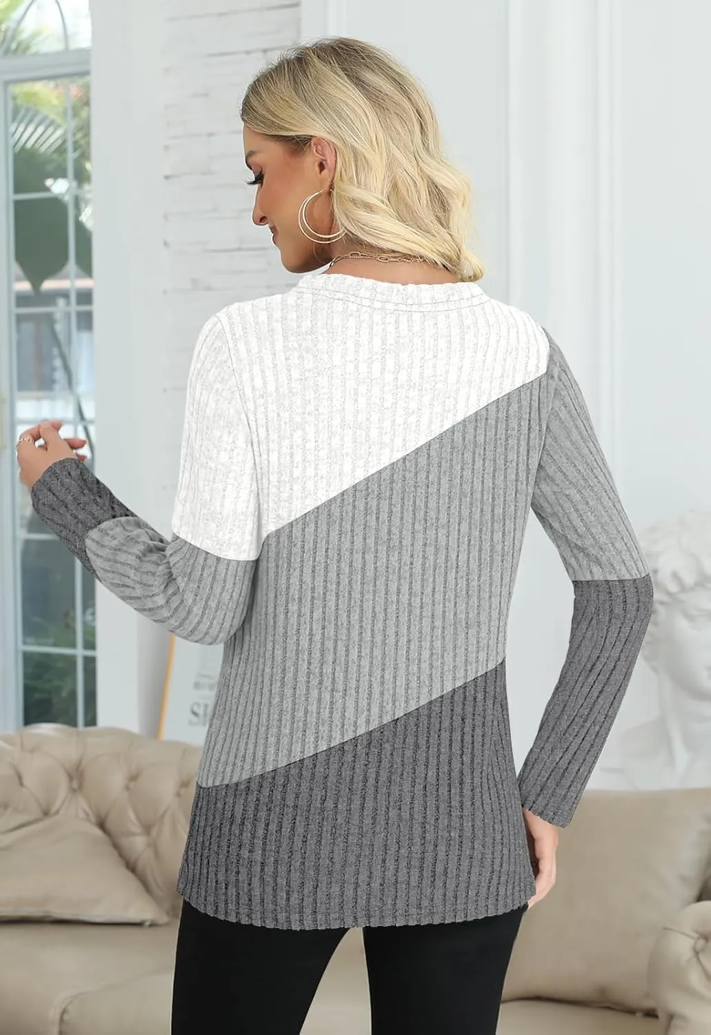 AYIFU Womens Color Block Tops Lightweight Sweaters Casual Long Sleeve Tunic Tops Trendy Crewneck Pullover Shirts