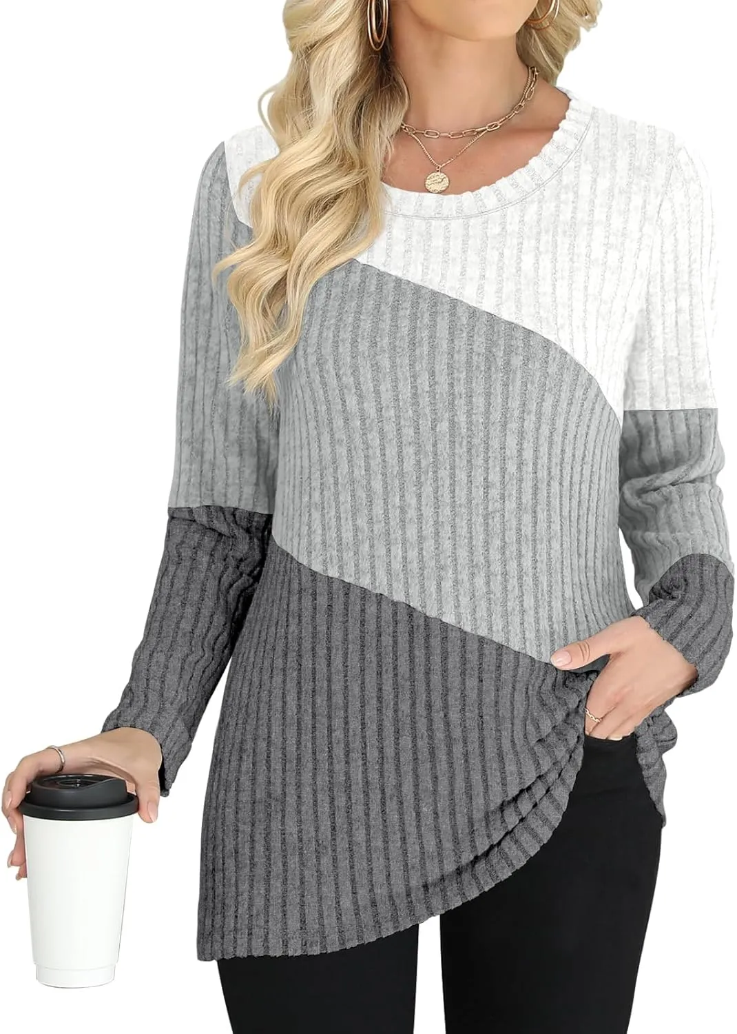 AYIFU Womens Color Block Tops Lightweight Sweaters Casual Long Sleeve Tunic Tops Trendy Crewneck Pullover Shirts