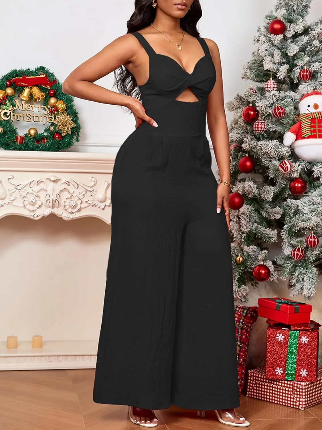 Bdwinz Womens Criss Cross Jumpsuits Sleeveless V Neck Cutout Wide Leg Long Jumpsuits Summer Outfits for Women