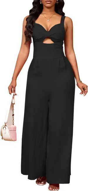 Bdwinz Womens Criss Cross Jumpsuits Sleeveless V Neck Cutout Wide Leg Long Jumpsuits Summer Outfits for Women