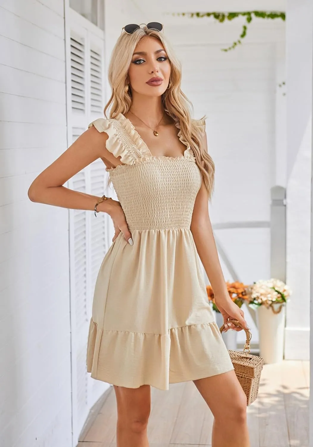 Beautiful Nomad Women's Summer Square Neck Smocked Ruffle Backless Dress Casual Boho Mini Short Dresses