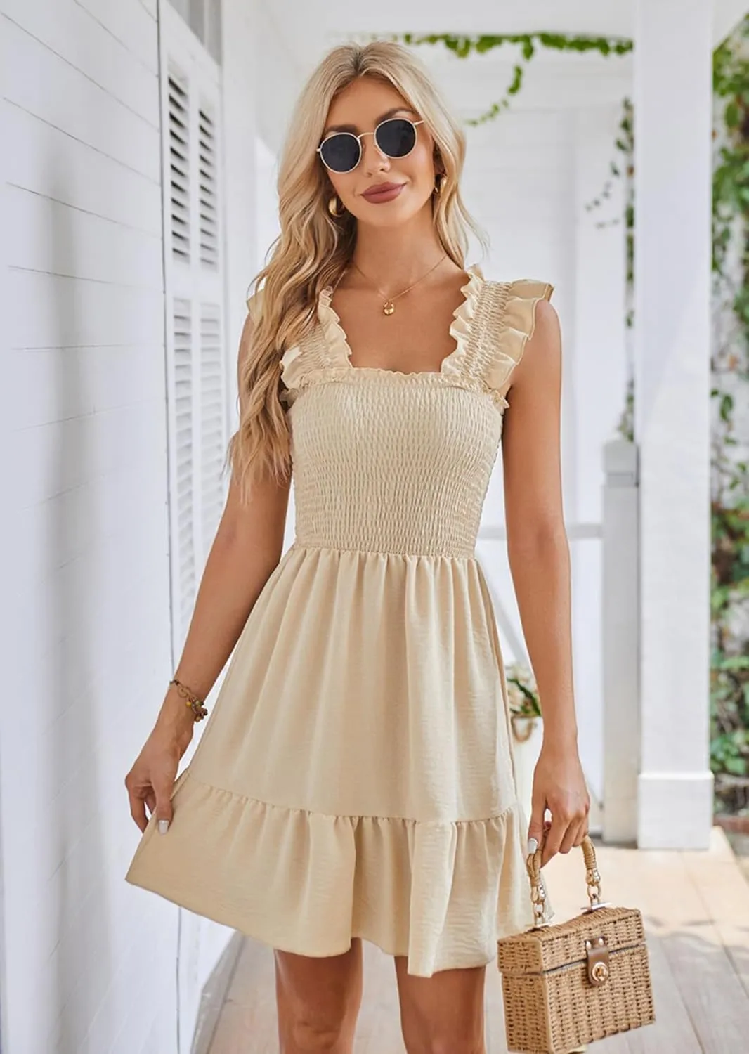 Beautiful Nomad Women's Summer Square Neck Smocked Ruffle Backless Dress Casual Boho Mini Short Dresses