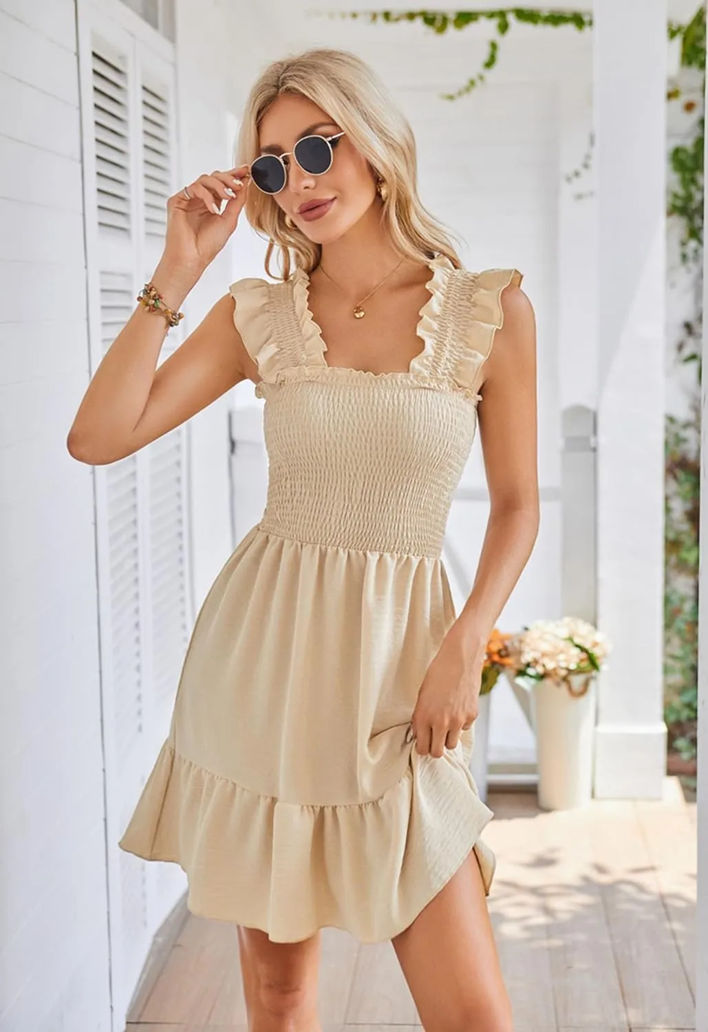 Beautiful Nomad Women's Summer Square Neck Smocked Ruffle Backless Dress Casual Boho Mini Short Dresses