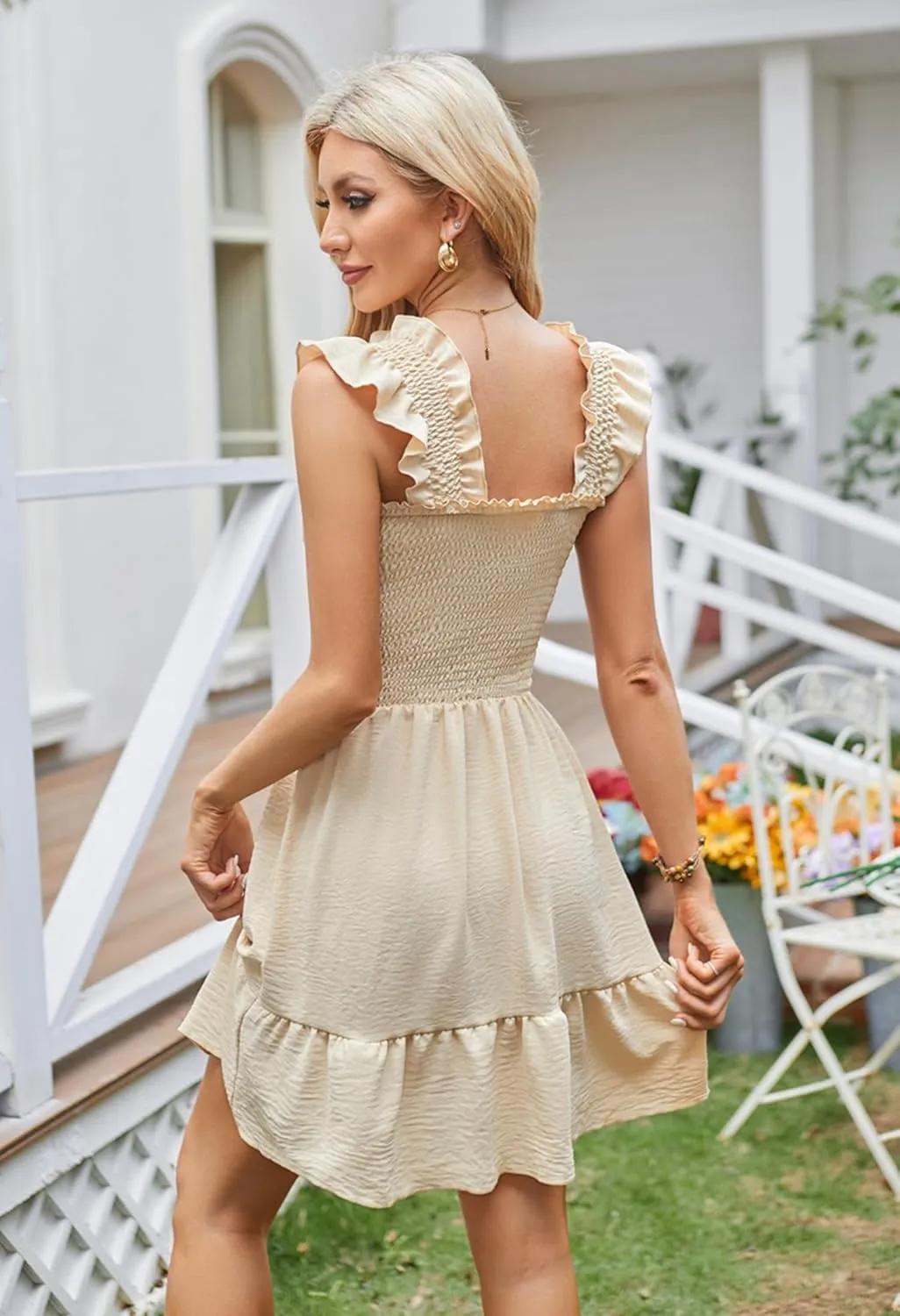 Beautiful Nomad Women's Summer Square Neck Smocked Ruffle Backless Dress Casual Boho Mini Short Dresses