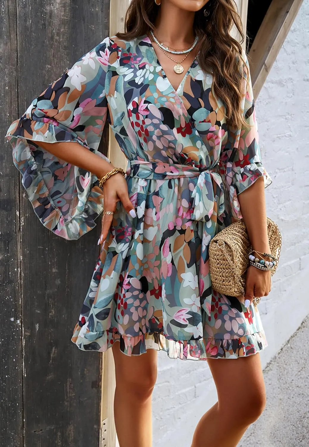 Beautiful Nomad Women's Summer V Neck Dress Casual Flowy Floral Elegant Mini Short Swing Skater Dresses