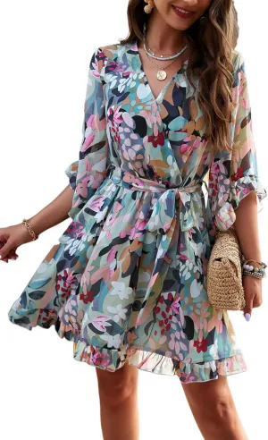 Beautiful Nomad Women's Summer V Neck Dress Casual Flowy Floral Elegant Mini Short Swing Skater Dresses