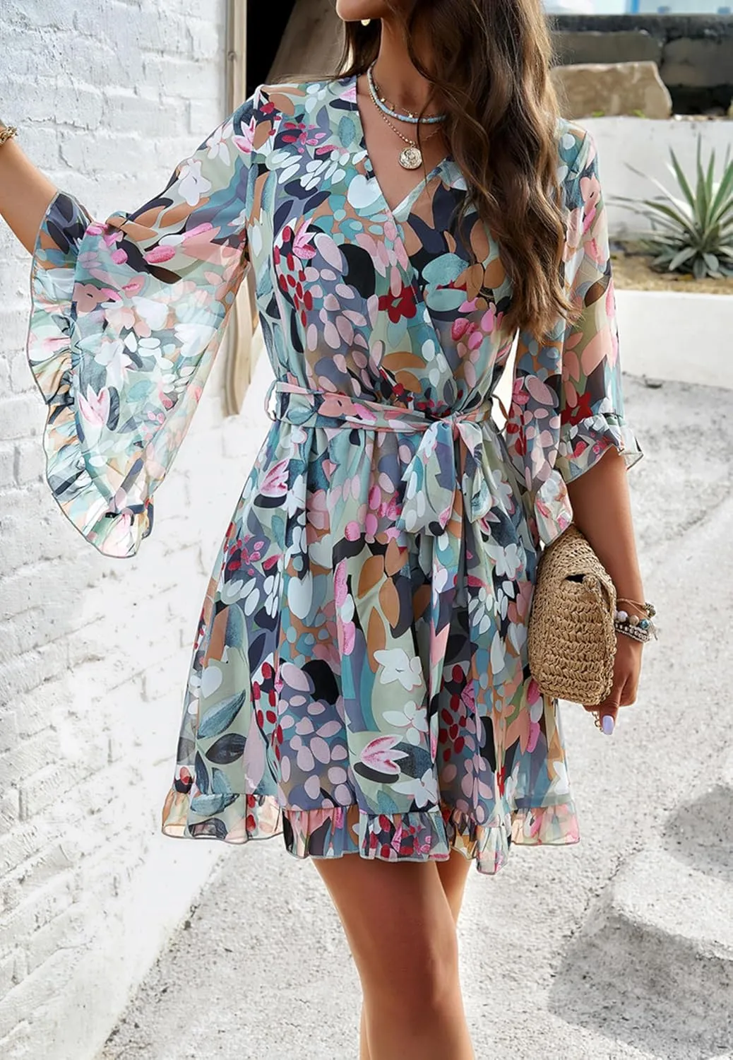 Beautiful Nomad Women's Summer V Neck Dress Casual Flowy Floral Elegant Mini Short Swing Skater Dresses