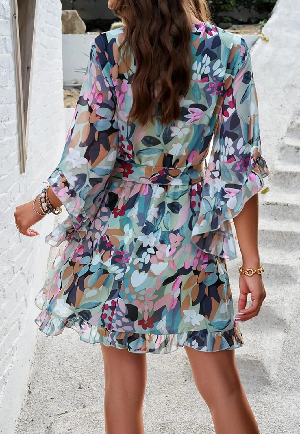 Beautiful Nomad Women's Summer V Neck Dress Casual Flowy Floral Elegant Mini Short Swing Skater Dresses