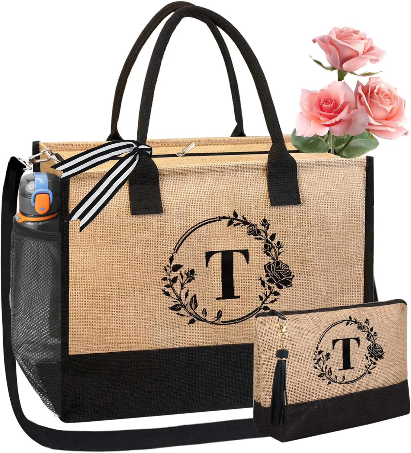 BeeGreen Initial Canvas/Jute Tote Bag Personalized Bag for Wedding, Birthday, Beach, Gift for Women, Mom, Teacher,Friend