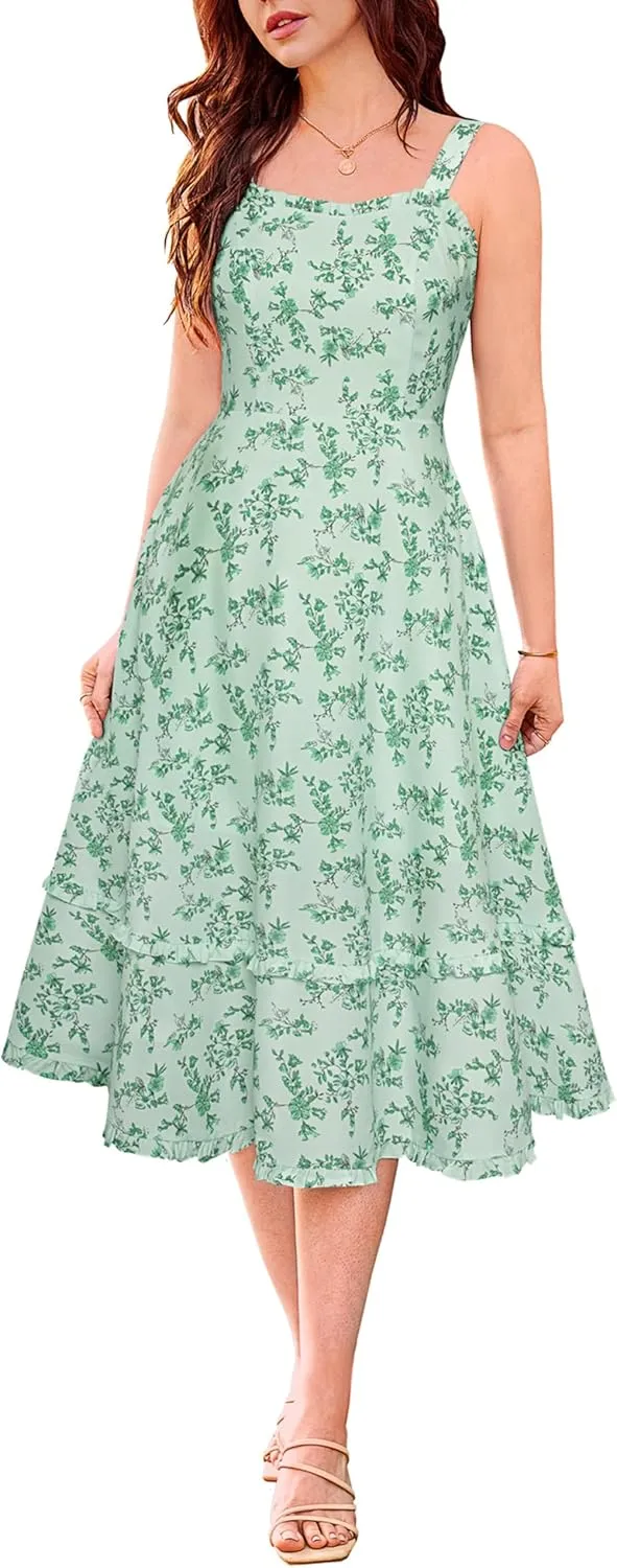Belle Poque Women Summer Dresses 2025 Square Neck Spaghetti Strap Midi Dress Beach Vacation Sundress