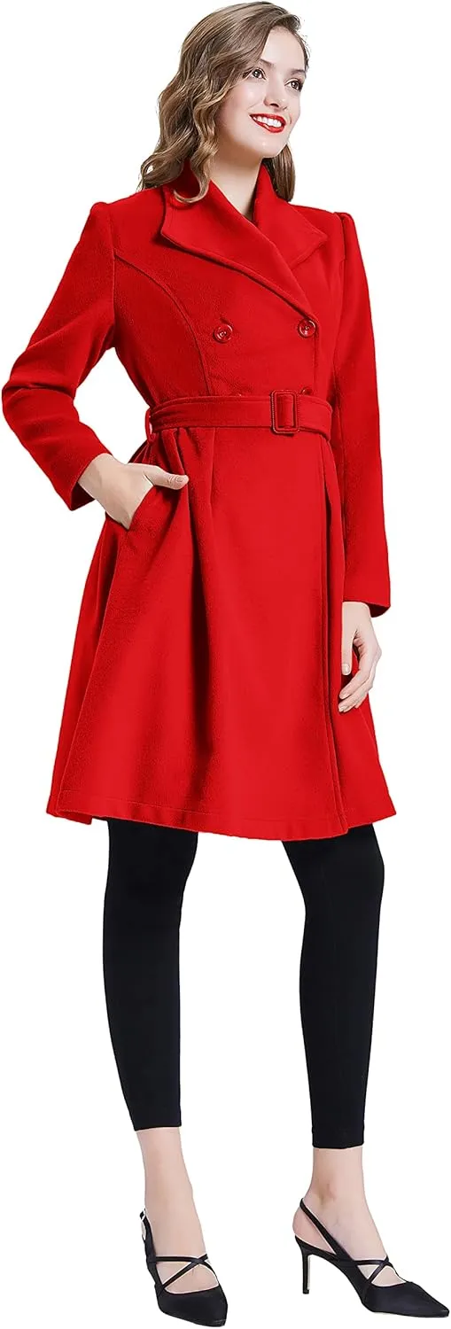 Belle Poque Women's Double Breasted Dress Coats Winter Trench Jacket with Belt