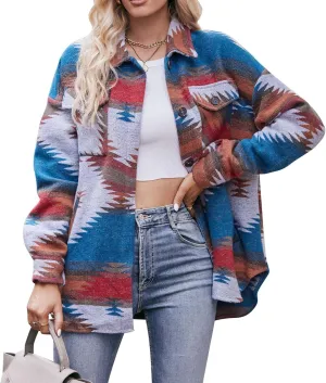 Bengbobar Women's Vintage Aztec Print Pattern Loose Shacket Button Down Long Sleeve Laple Neck Coats Woolen Shirts Jacket