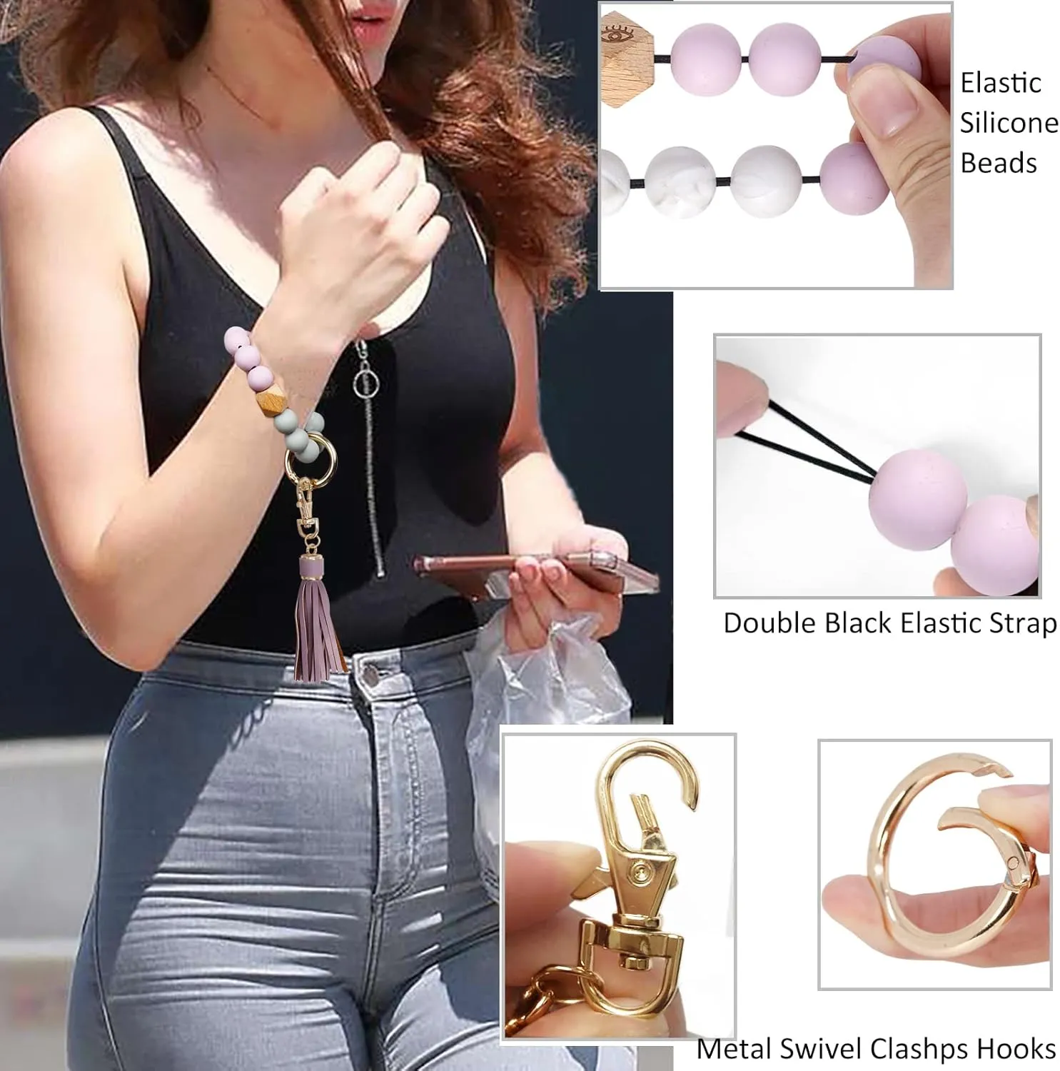 BIHRTC Silicone Key Ring Bracelets Wristlet Keychain Wallet with Net Chapstick Holder for Women