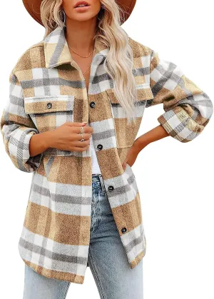 Blansdi Womens Flannel Shacket Plaid Long Sleeve Button Down Flannel Shirts Jacket Fall Winter Spring Outfits