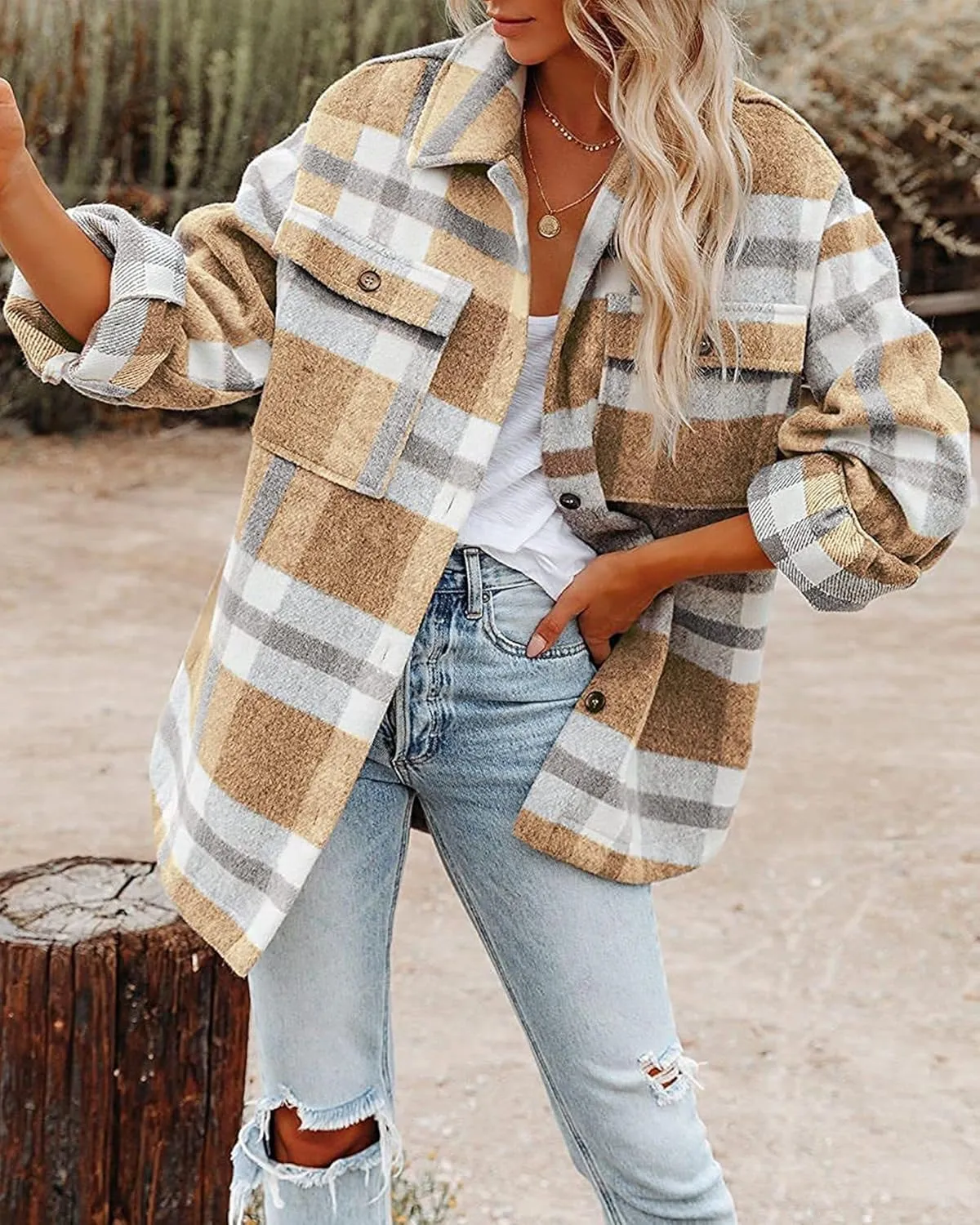 Blansdi Womens Flannel Shacket Plaid Long Sleeve Button Down Flannel Shirts Jacket Fall Winter Spring Outfits