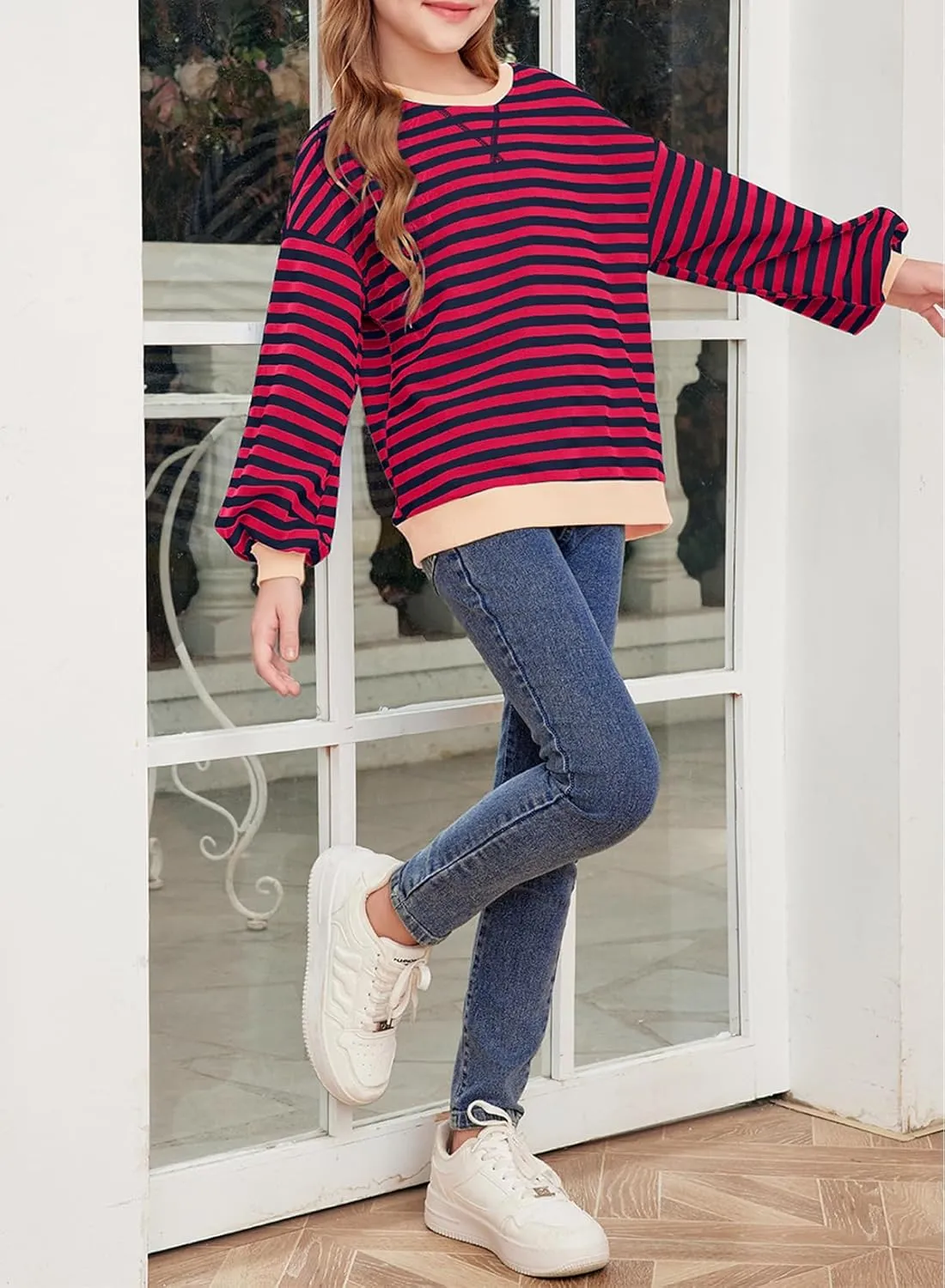 blibean Girls Cotton Long Sleeve Sweathirts Striped Color Block Tops Size 6-15 Years