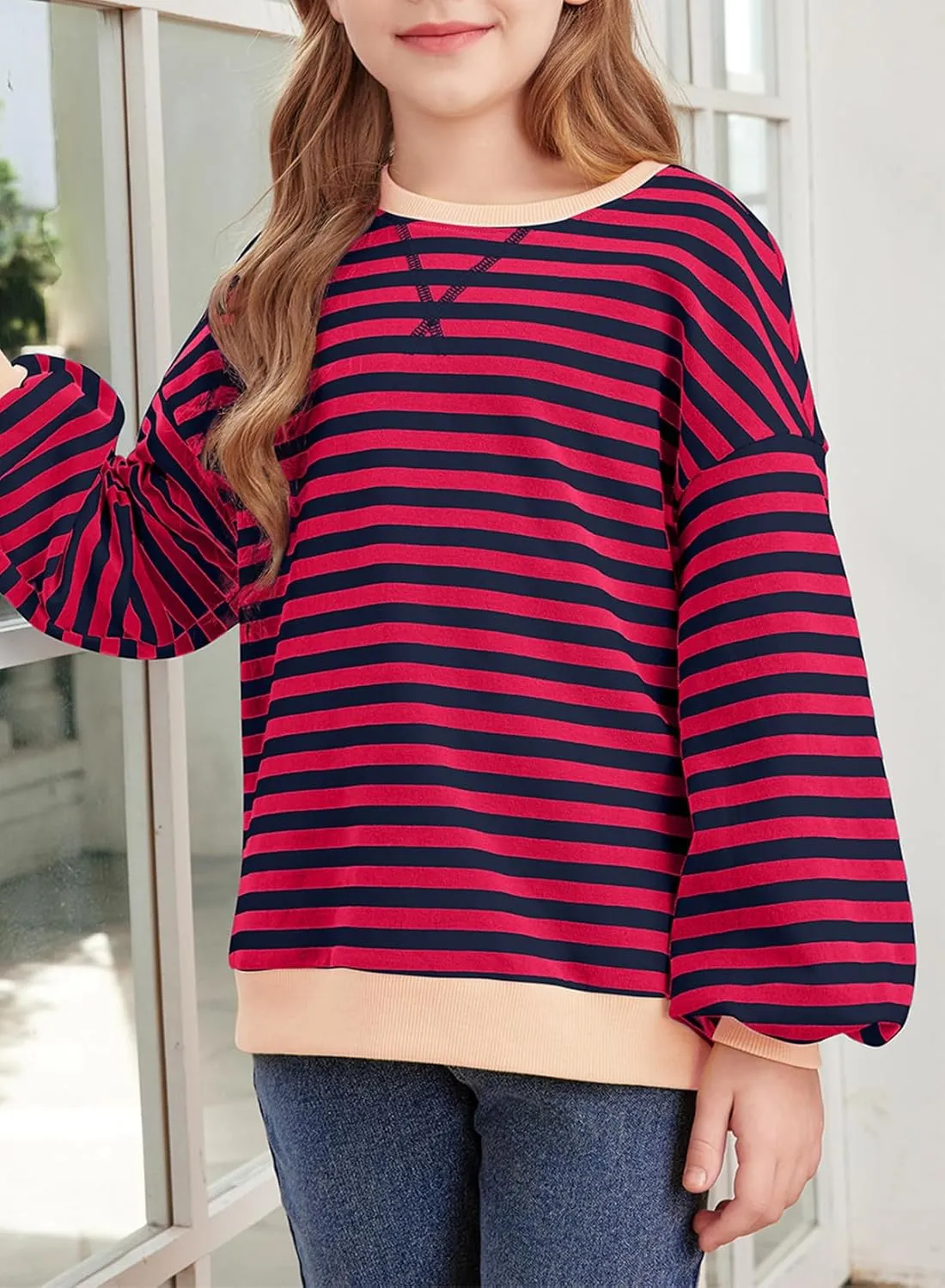 blibean Girls Cotton Long Sleeve Sweathirts Striped Color Block Tops Size 6-15 Years
