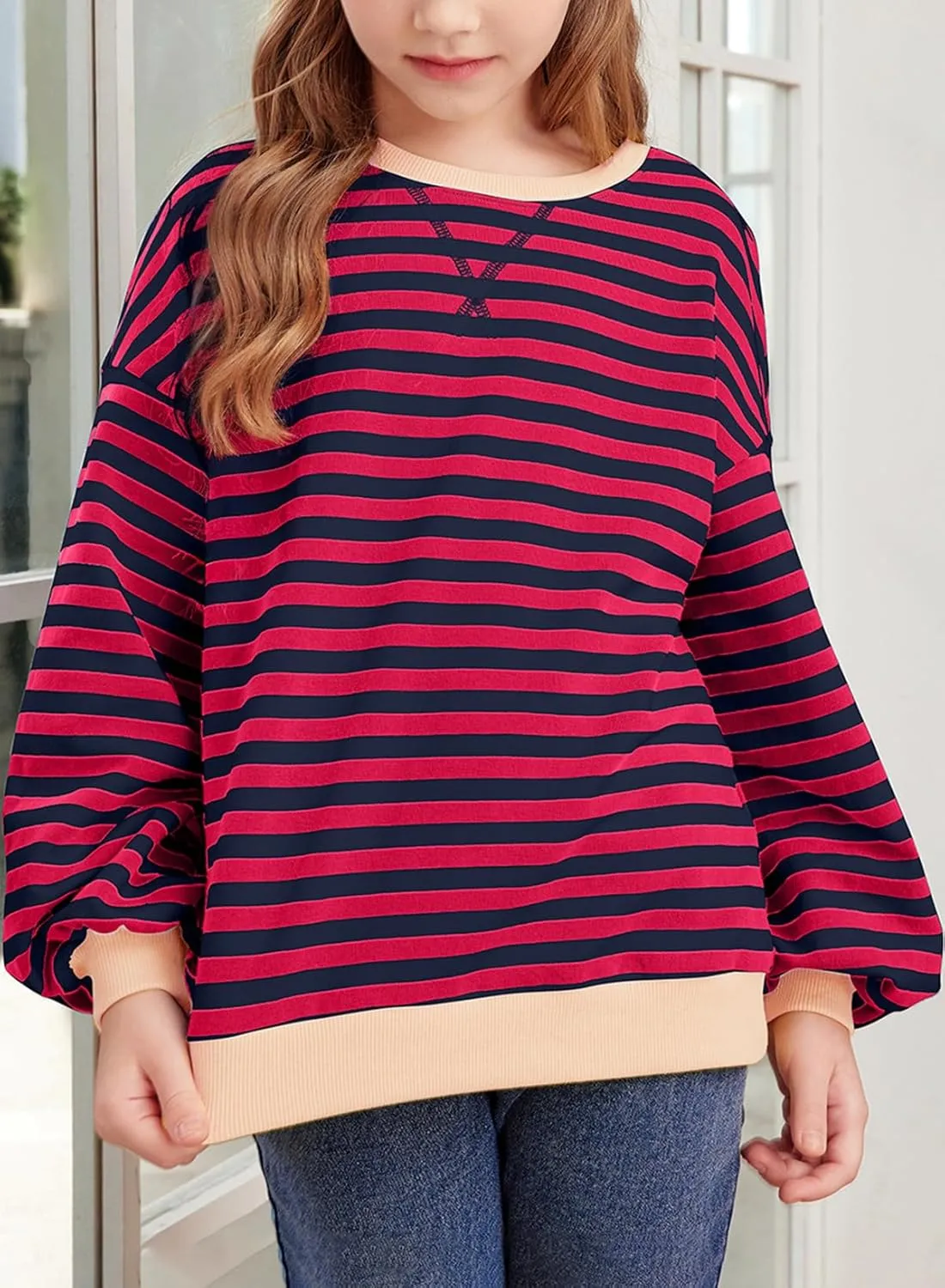 blibean Girls Cotton Long Sleeve Sweathirts Striped Color Block Tops Size 6-15 Years