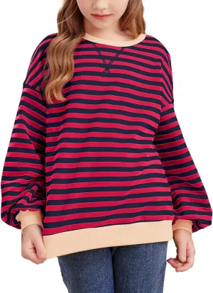 blibean Girls Cotton Long Sleeve Sweathirts Striped Color Block Tops Size 6-15 Years