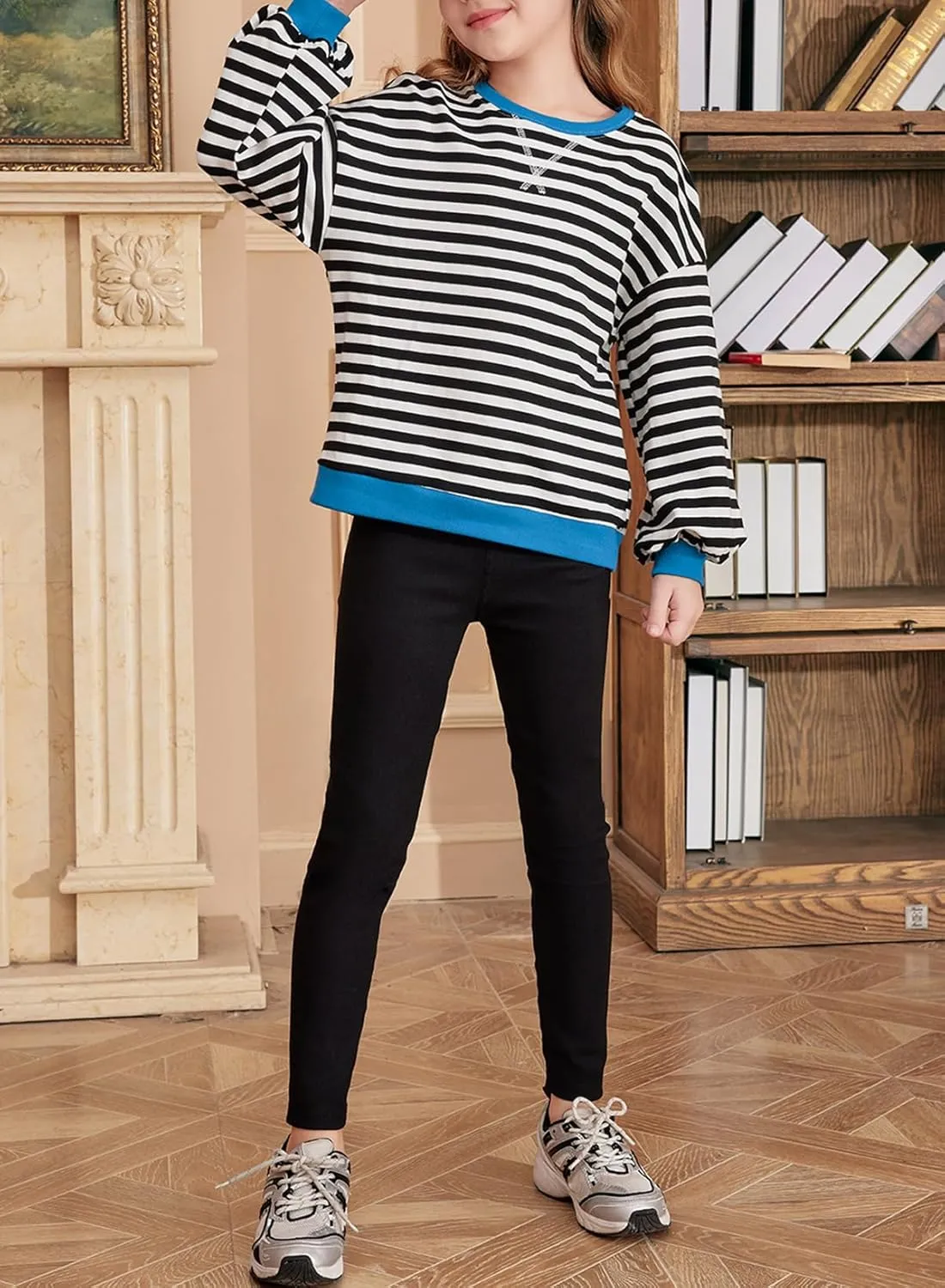 blibean Girls Cotton Long Sleeve Sweathirts Striped Color Block Tops Size 6-15 Years
