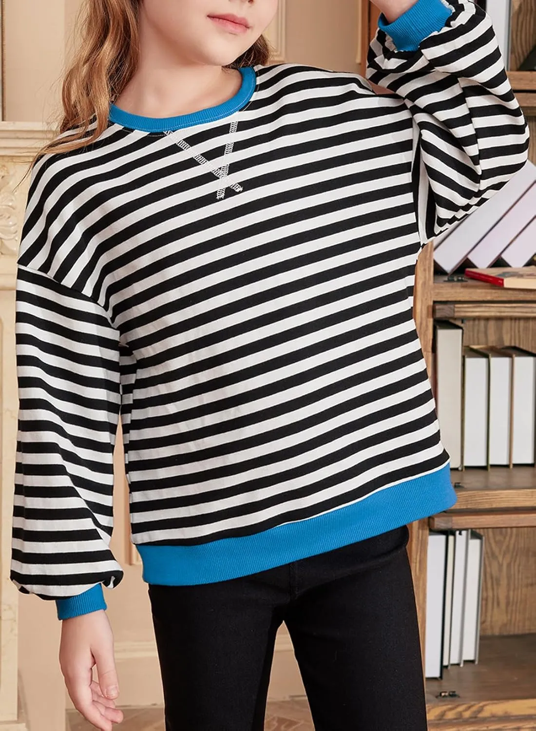blibean Girls Cotton Long Sleeve Sweathirts Striped Color Block Tops Size 6-15 Years