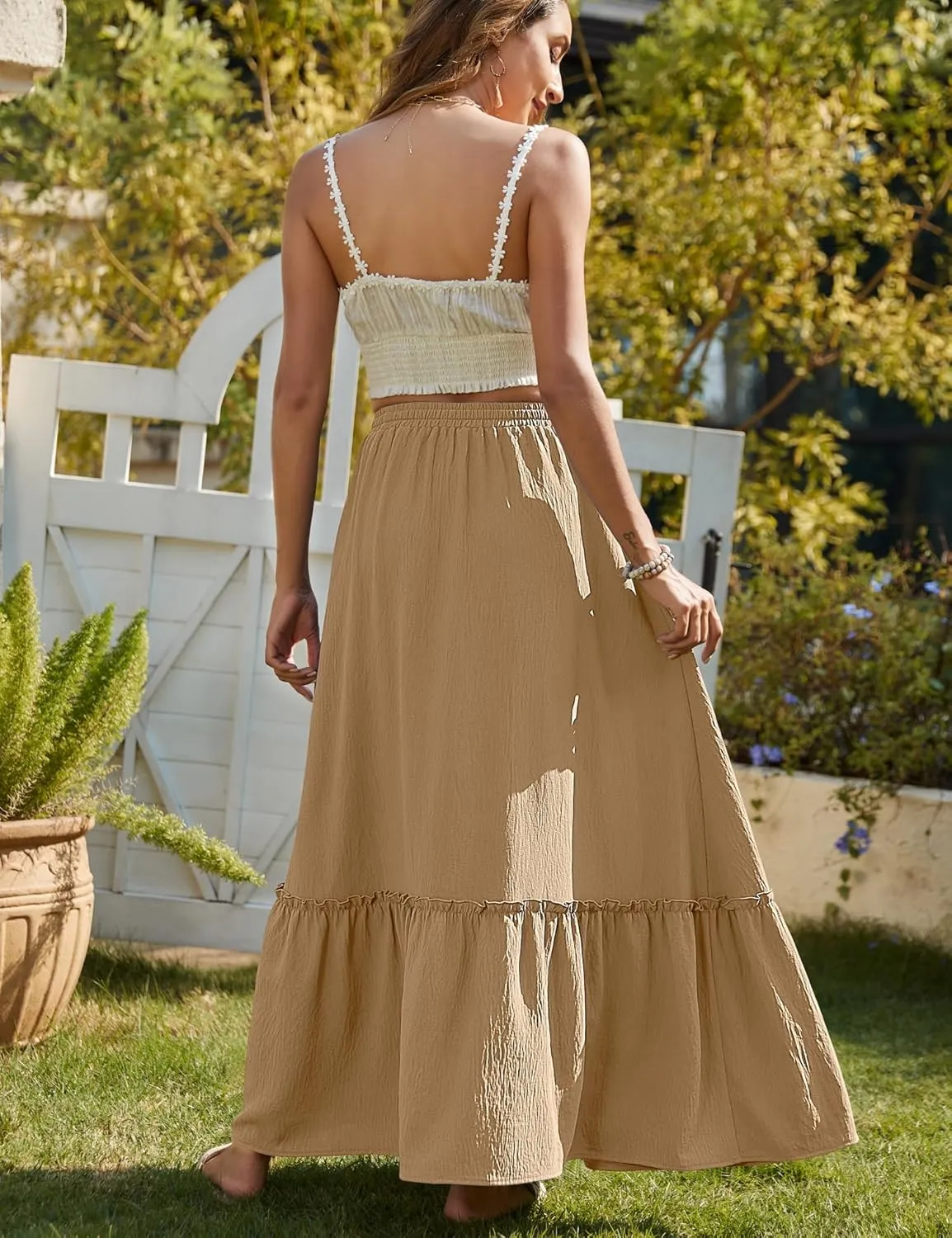 Bluetime Women Flowy Long Skirt Summer Pleated Elastic High Waisted Casual Tiered Maxi Skirt