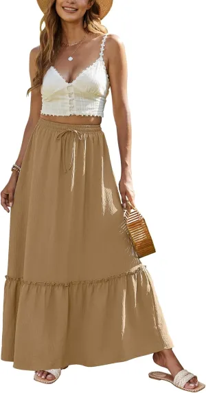 Bluetime Women Flowy Long Skirt Summer Pleated Elastic High Waisted Casual Tiered Maxi Skirt