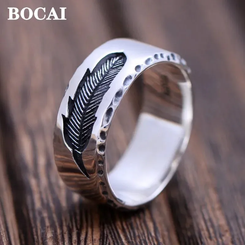 BOCAI S925 Pure Silver Men's Feather Ring - Unique & Exquisite Gift for Him