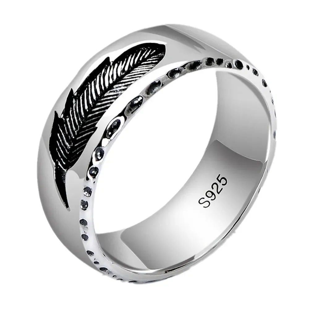 BOCAI S925 Pure Silver Men's Feather Ring - Unique & Exquisite Gift for Him