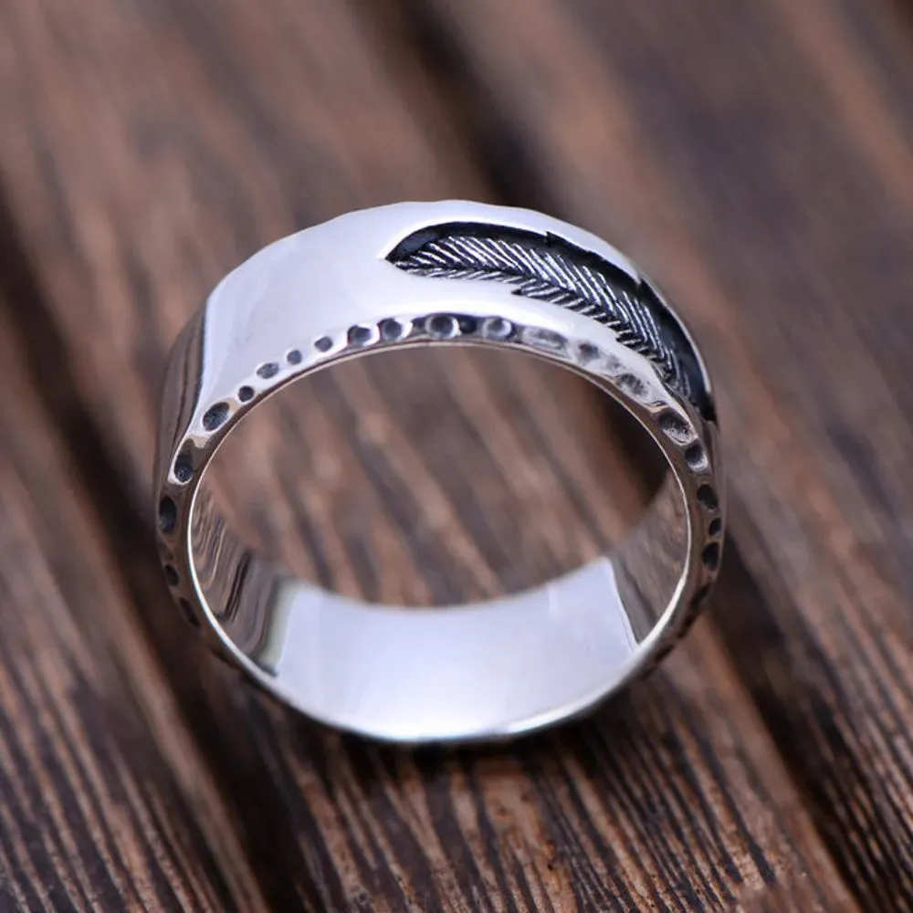 BOCAI S925 Pure Silver Men's Feather Ring - Unique & Exquisite Gift for Him