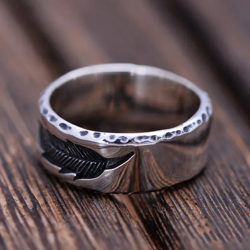 BOCAI S925 Pure Silver Men's Feather Ring - Unique & Exquisite Gift for Him