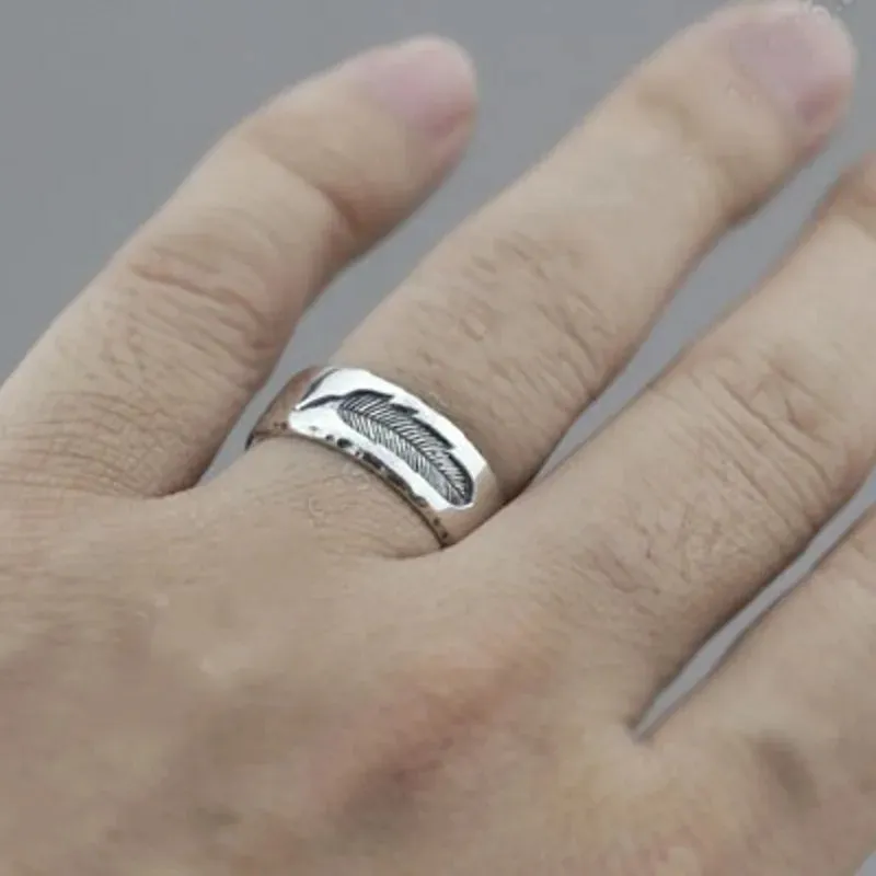 BOCAI S925 Pure Silver Men's Feather Ring - Unique & Exquisite Gift for Him