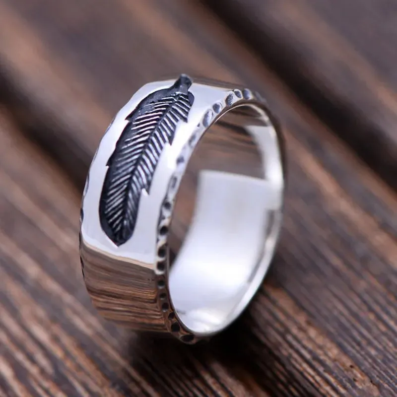 BOCAI S925 Pure Silver Men's Feather Ring - Unique & Exquisite Gift for Him