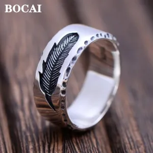 BOCAI S925 Pure Silver Men's Feather Ring - Unique & Exquisite Gift for Him
