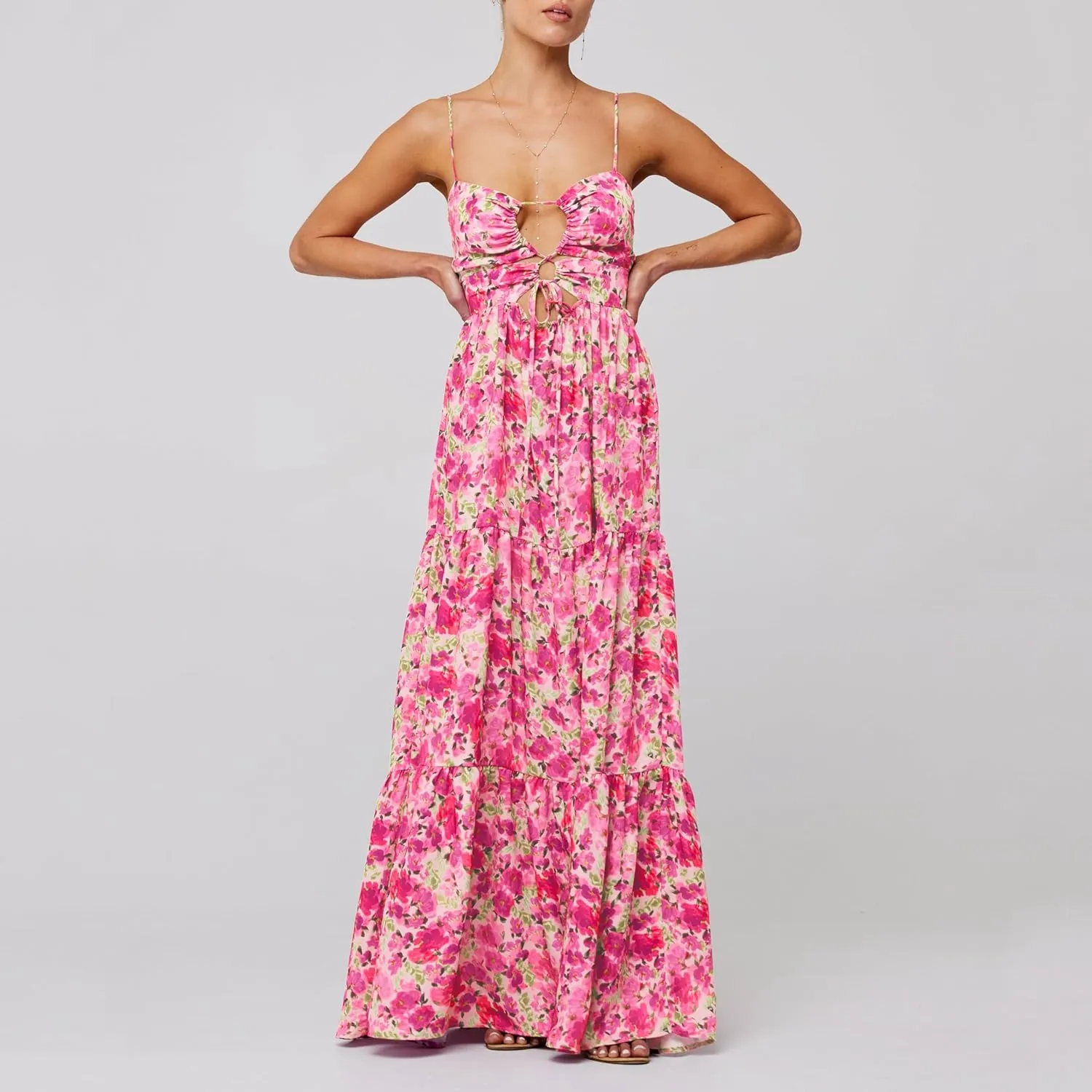 Boho Floral Tie Front Maxi Dress Women Y2k Cutout Flowy Spaghetti Strap Beach Sundress Long Cami Dresses Summer