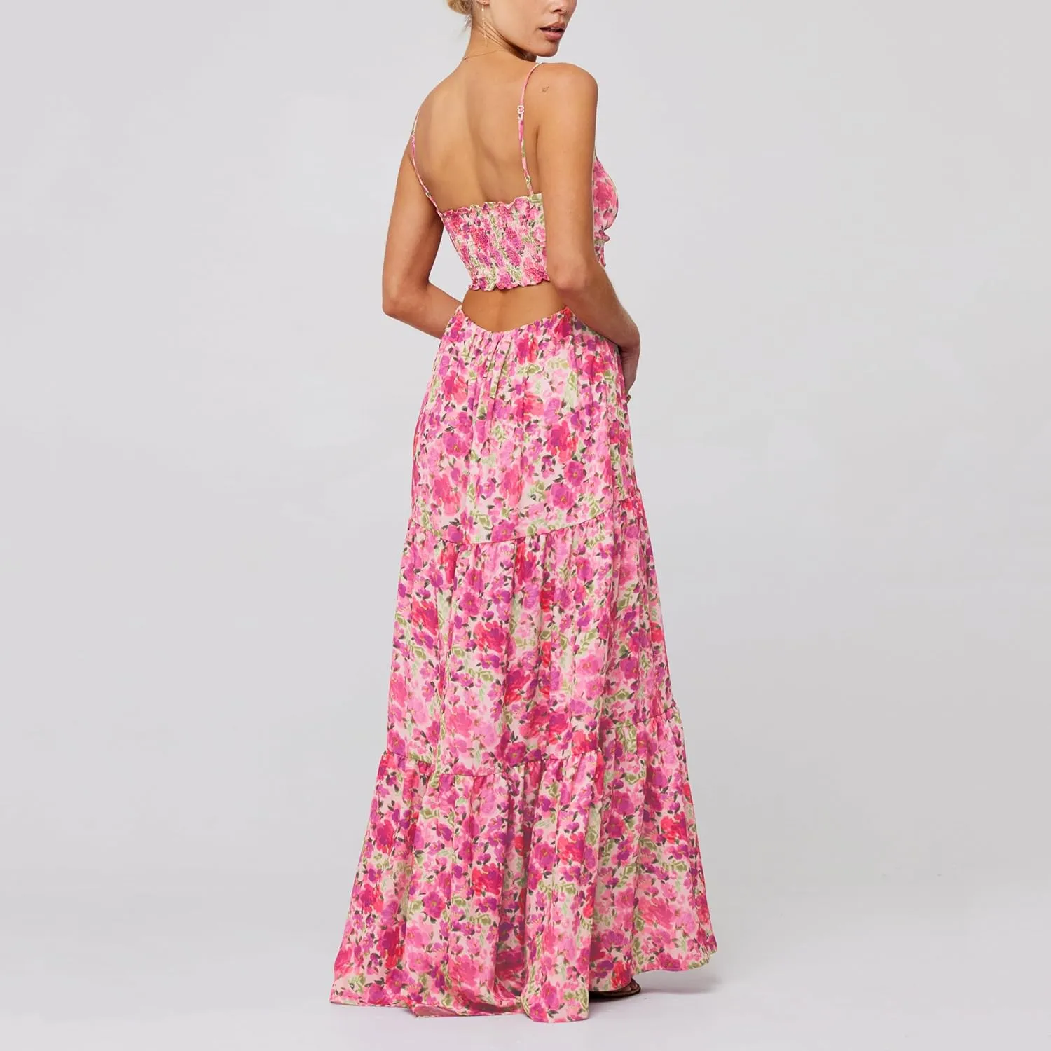 Boho Floral Tie Front Maxi Dress Women Y2k Cutout Flowy Spaghetti Strap Beach Sundress Long Cami Dresses Summer