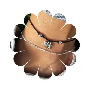 Boho Layered Elephant Ankle Bracelet Silver Satellite Anklet Bracelet Retro Black Rope Anklet Chain Personlized Foot Chain Jewelry for Women (Elephant)