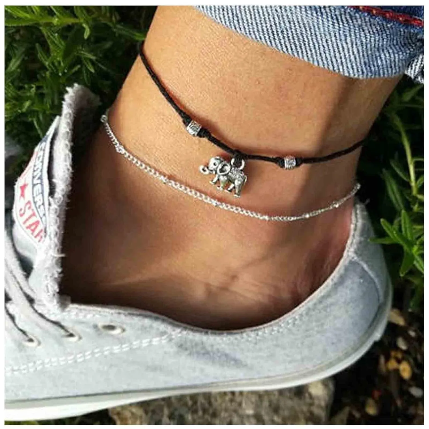 Boho Layered Elephant Ankle Bracelet Silver Satellite Anklet Bracelet Retro Black Rope Anklet Chain Personlized Foot Chain Jewelry for Women (Elephant)
