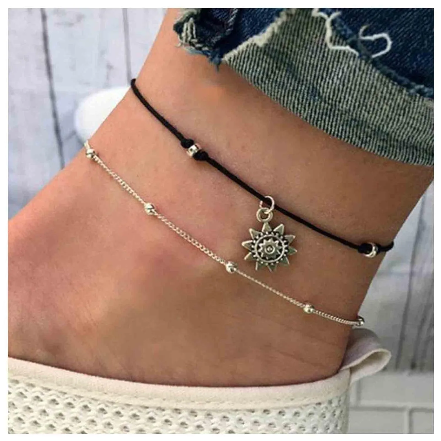 Boho Layered Sun Ankle Bracelet Silver Satellite Anklet Bracelet Retro Black Rope Anklet Chain Personlized Sunflower Foot Chain Jewelry for Women Gifts (Sun)